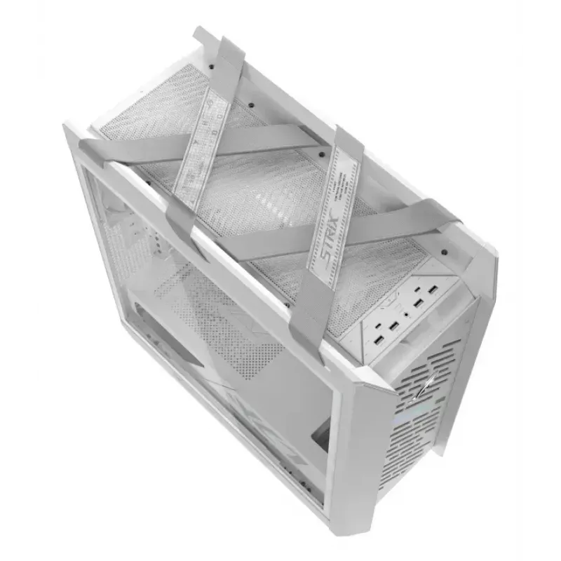 PC-Gehäuse ASUS ROG Strix Helios II Midi Tower Weiß — unterstützt EATX/ATX/Micro-ATX/Mini-ITX, 3x140mm Front + 1x140mm Rückseite, 2×3,5 Zoll + 4×2,5 Zoll Einschübe, gehärtetes Glas