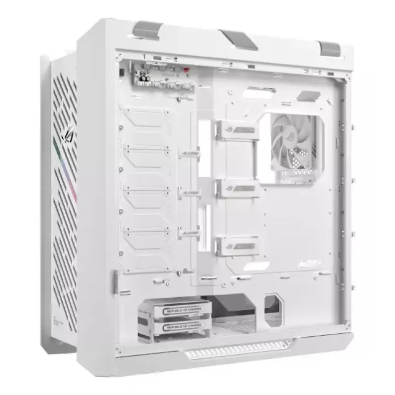 PC-Gehäuse ASUS ROG Strix Helios II Midi Tower Weiß — unterstützt EATX/ATX/Micro-ATX/Mini-ITX, 3x140mm Front + 1x140mm Rückseite, 2×3,5 Zoll + 4×2,5 Zoll Einschübe, gehärtetes Glas