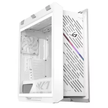 PC-Gehäuse ASUS ROG Strix Helios II Midi Tower Weiß — unterstützt EATX/ATX/Micro-ATX/Mini-ITX, 3x140mm Front + 1x140mm Rückseite, 2×3,5 Zoll + 4×2,5 Zoll Einschübe, gehärtetes Glas