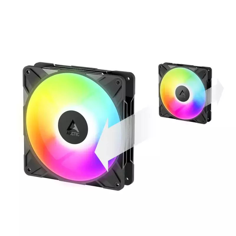 140-mm-Gehäuselüfter Arctic Freezer P14 Pro Reverse A-RGB — PWM, 140 mm, 166,5 m³/h, 5,1 mmH2O, FDB, schwarz