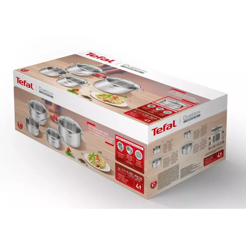 Kochtopf-Set Tefal Duetto+ G719S7, Edelstahl, 7-tlg. (Stielkasserollen Ø16/20/24 cm, Schmortopf Ø16 cm), Induktion, Deckel, ofenfest bis 250°C