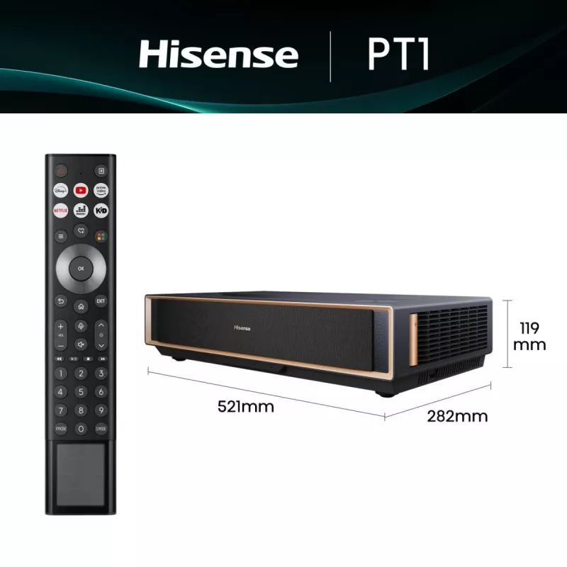 Projektor HISENSE PT1 3D Smart-TV, native 16:9, Wi‑Fi & Ethernet, HDR (HLG), HDMI 2.0/2.1, Schwarz
