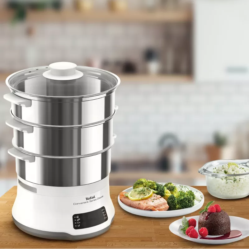 Tefal Convenient Series Deluxe VC502D Dampfgarer 3 Körbe Arbeitsplatte 900 W Edelstahl, Weiß