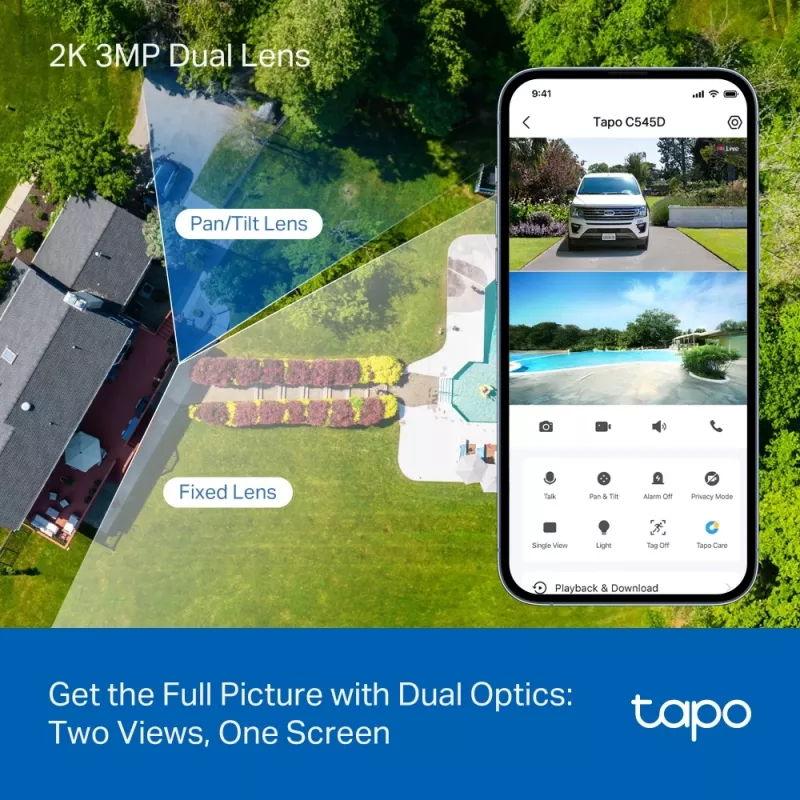 TP-Link Tapo Outdoor Dual Lens Pan/Tilt Sicherheitskamera, IP-Sicherheitskamera, Außenbereich, Kabelgebunden & Kabellos, Decken-/Wand-/Mastmontage, Weiß, Sphärisch