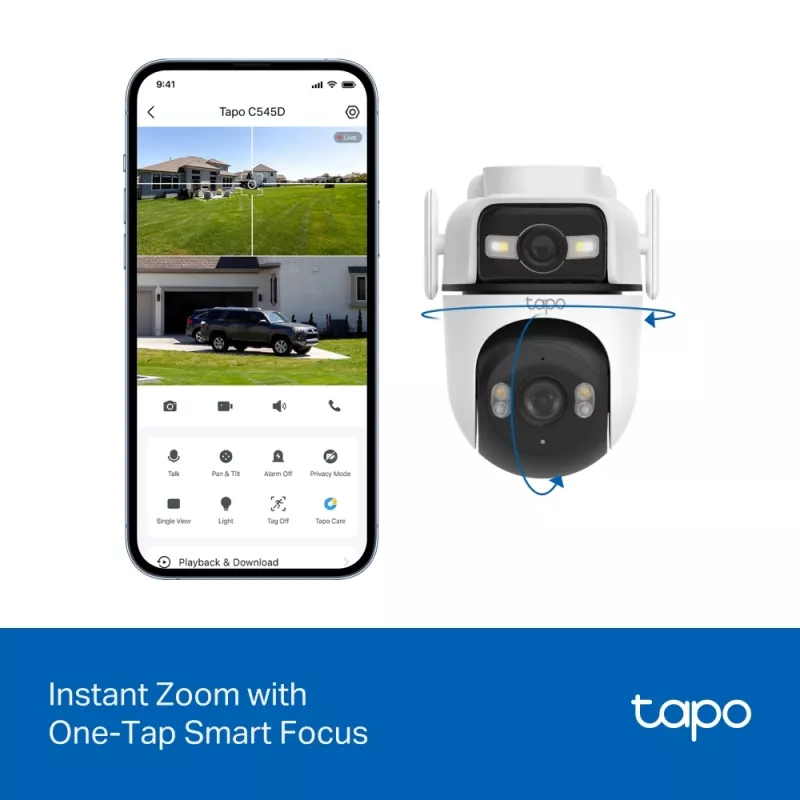TP-Link Tapo Outdoor Dual Lens Pan/Tilt Sicherheitskamera, IP-Sicherheitskamera, Außenbereich, Kabelgebunden & Kabellos, Decken-/Wand-/Mastmontage, Weiß, Sphärisch