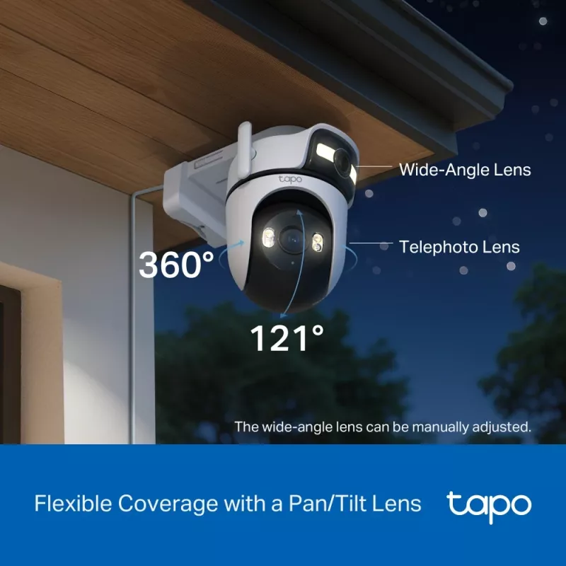 TP-Link Tapo Outdoor Dual Lens Pan/Tilt Sicherheitskamera, IP-Sicherheitskamera, Außenbereich, Kabelgebunden & Kabellos, Decken-/Wand-/Mastmontage, Weiß, Sphärisch