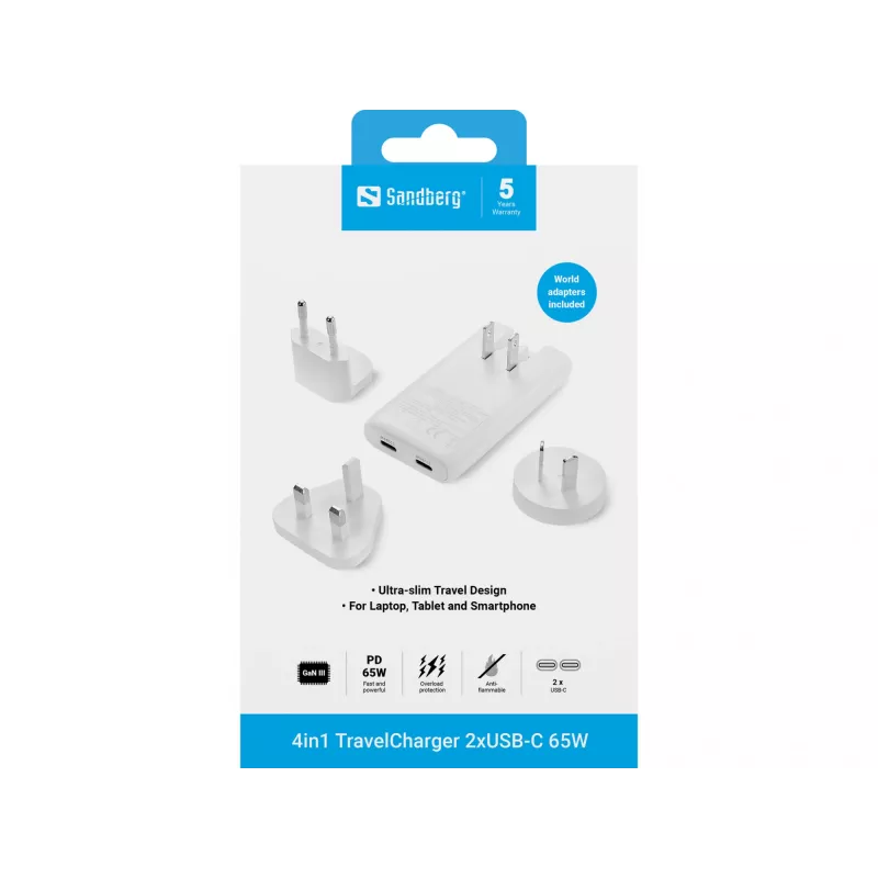 Sandberg 4in1 TravelCharger 65W Weiß, Indoor, AC, 20 V, Weiß