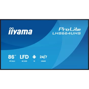 Digital-Signage-Flachbildschirm IIYAMA LH8664UHS-B3AG — 85,6 Zoll (2,17 m) 3840x2160 4K IPS, 450 cd/m², Wi‑Fi, Android, 24/7, Schwarz