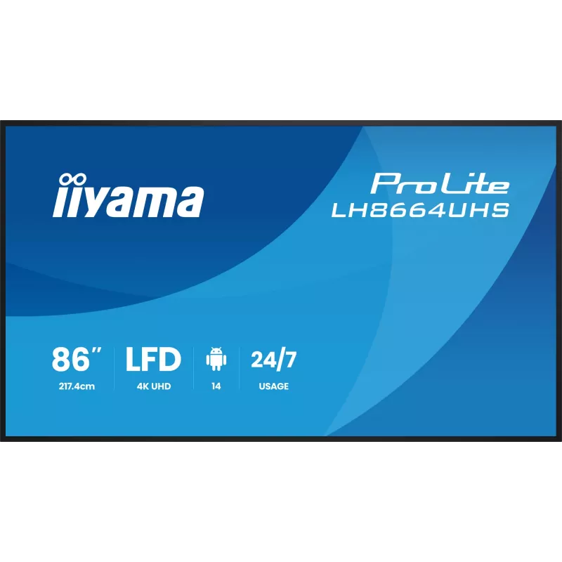 Digital-Signage-Flachbildschirm IIYAMA LH8664UHS-B3AG — 85,6 Zoll (2,17 m) 3840x2160 4K IPS, 450 cd/m², Wi‑Fi, Android, 24/7, Schwarz