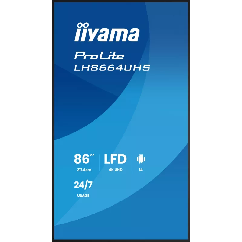 Digital-Signage-Flachbildschirm IIYAMA LH8664UHS-B3AG — 85,6 Zoll (2,17 m) 3840x2160 4K IPS, 450 cd/m², Wi‑Fi, Android, 24/7, Schwarz