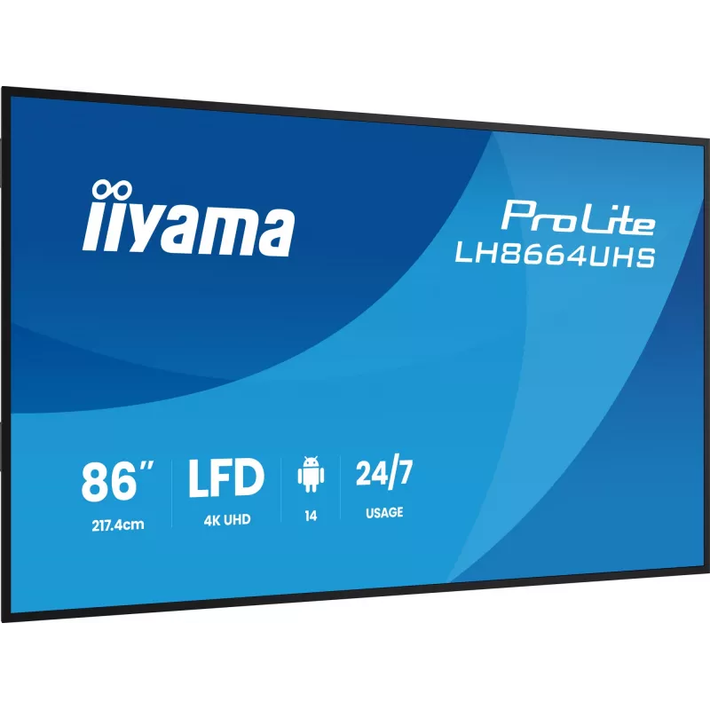 Digital-Signage-Flachbildschirm IIYAMA LH8664UHS-B3AG — 85,6 Zoll (2,17 m) 3840x2160 4K IPS, 450 cd/m², Wi‑Fi, Android, 24/7, Schwarz