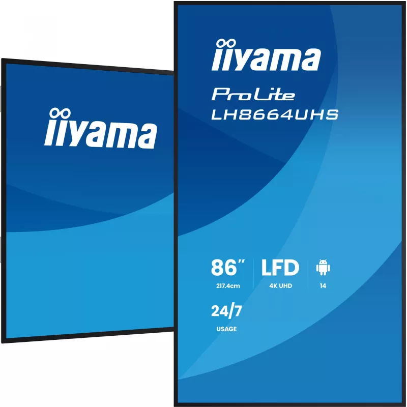 Digital-Signage-Flachbildschirm IIYAMA LH8664UHS-B3AG — 85,6 Zoll (2,17 m) 3840x2160 4K IPS, 450 cd/m², Wi‑Fi, Android, 24/7, Schwarz