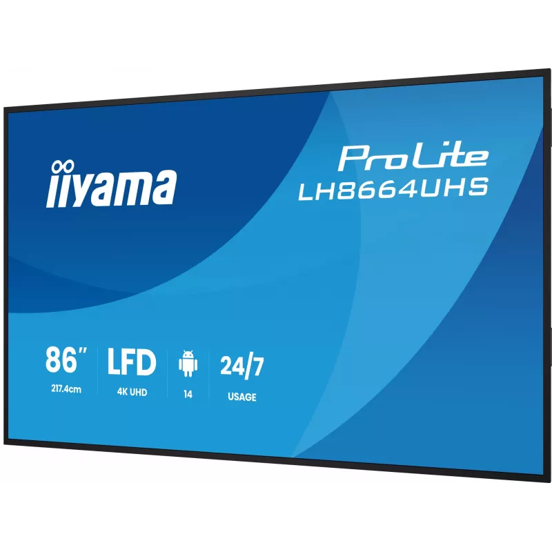 Digital-Signage-Flachbildschirm IIYAMA LH8664UHS-B3AG — 85,6 Zoll (2,17 m) 3840x2160 4K IPS, 450 cd/m², Wi‑Fi, Android, 24/7, Schwarz