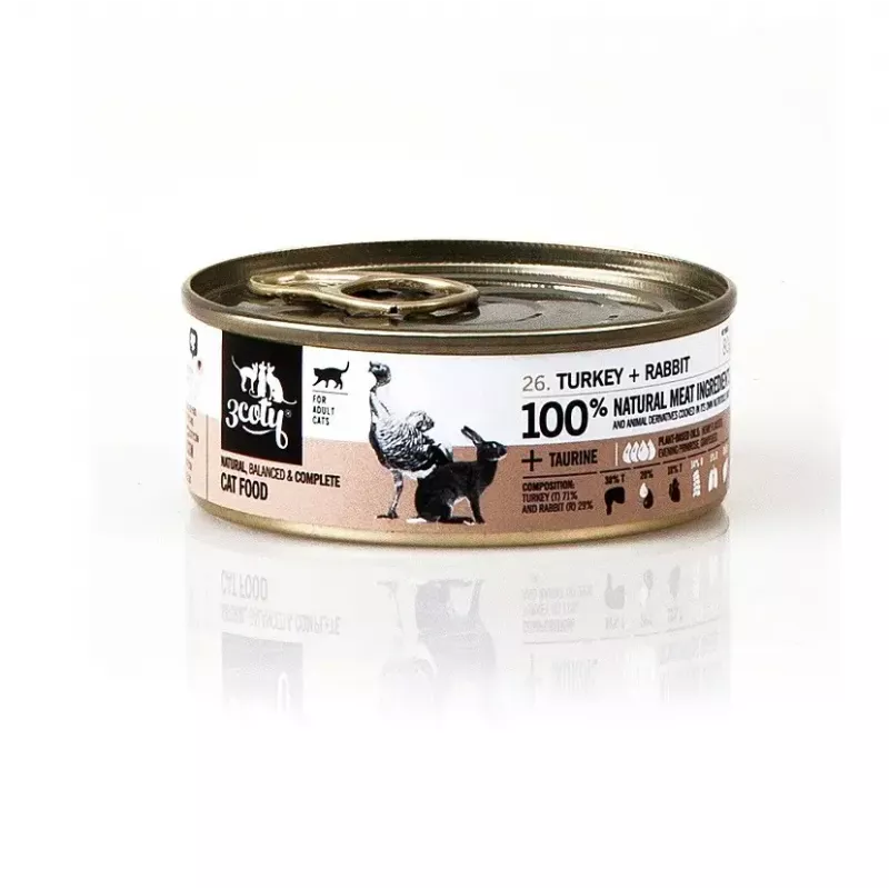 Nassfutter für Katzen 3coty Turkey with rabbit, 80 g can — complete adult cat feed, protein 20%, fat 9%