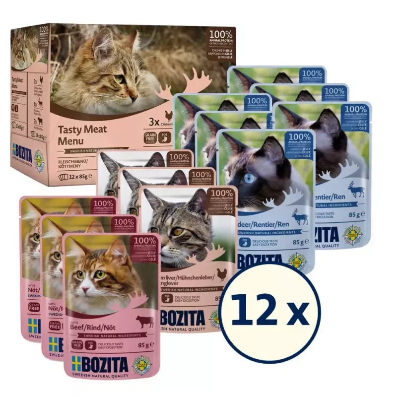 Nassfutter für Katzen BOZITA 9116321 12×85 g — getreidefreie Beutel für ausgewachsene Katzen mit Rind, Hirsch, Hühnerleber (feucht, 82 % Feuchtigkeit)