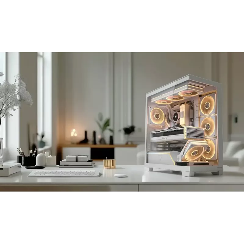 PC-Gehäuse MODECOM VOLCANO STELLAR PLUS ARGB MIDI 8F WEISS — Mid-Tower, ATX, gehärtetes Glas, ARGB-Beleuchtung, 8 Lüfter, GPU bis zu 42 cm