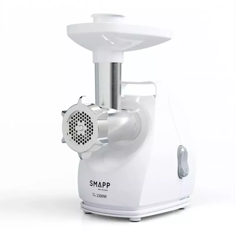 Fleischwolf SMAPP Modell 490.81 WEISS – 2200 W, 1 Geschwindigkeit, 2,7 kg/min, 3 Lochscheiben, weiß, Zerkleinerungsaufsatz