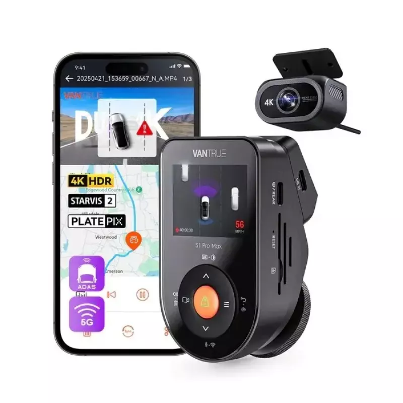Auto-Dashcam VANTRUE S1PRO MAX — kompakter 2-Kanal-Rekorder, 3840×2160 F/1.8, 155° Hauptobjektiv, Wi‑Fi, GPS, 2 Zoll Anzeige, Parkmodus, microSD bis zu 1 TB