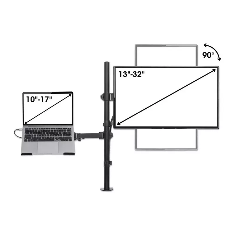 Manhattan Desk Mount für Monitor- und Laptop-Kombi (Full-Motion), Für Bildschirme: 10-27 Zoll, Laptop bis zu 17 Zoll, Klemmmontage, VESA-Kompatibilität: 75x75 und 100x100 mm – prüfen Sie die Abmessungen der vier Befestigungslöcher auf der Rückseite des Bildschirms, um sicherzustellen, dass sie passen, Max. 8 kg, Halterung