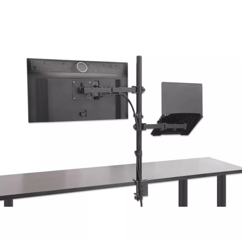 Manhattan Desk Mount für Monitor- und Laptop-Kombi (Full-Motion), Für Bildschirme: 10-27 Zoll, Laptop bis zu 17 Zoll, Klemmmontage, VESA-Kompatibilität: 75x75 und 100x100 mm – prüfen Sie die Abmessungen der vier Befestigungslöcher auf der Rückseite des Bildschirms, um sicherzustellen, dass sie passen, Max. 8 kg, Halterung