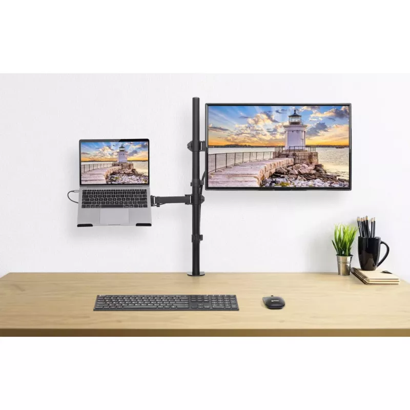 Manhattan Desk Mount für Monitor- und Laptop-Kombi (Full-Motion), Für Bildschirme: 10-27 Zoll, Laptop bis zu 17 Zoll, Klemmmontage, VESA-Kompatibilität: 75x75 und 100x100 mm – prüfen Sie die Abmessungen der vier Befestigungslöcher auf der Rückseite des Bildschirms, um sicherzustellen, dass sie passen, Max. 8 kg, Halterung