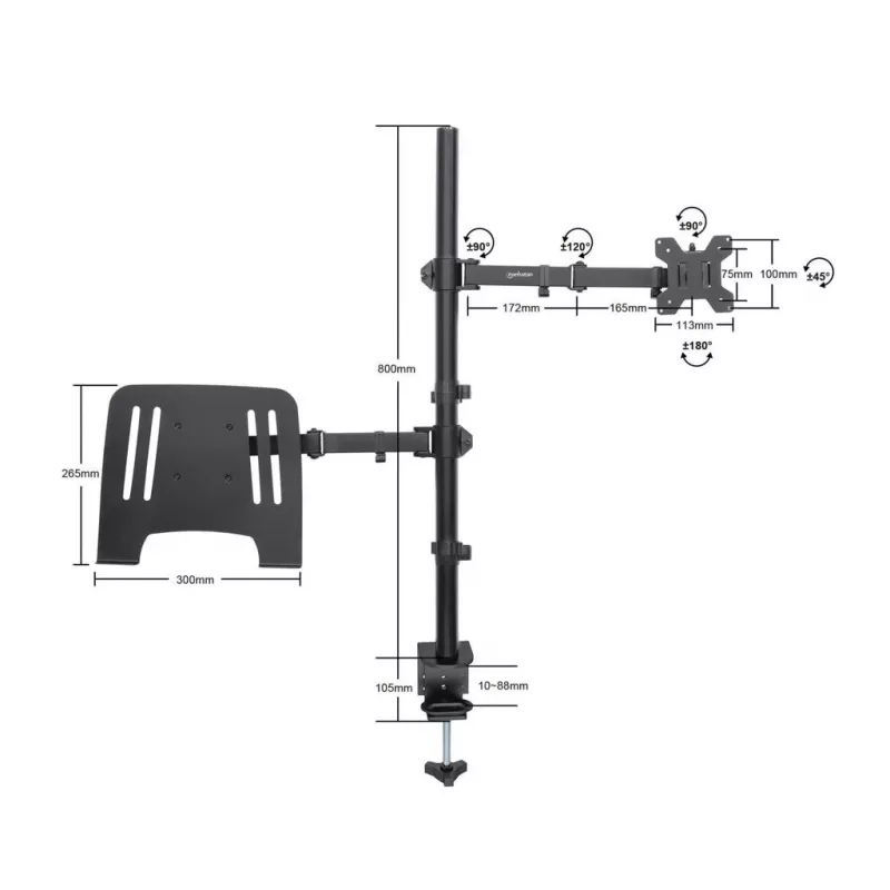 Manhattan Desk Mount für Monitor- und Laptop-Kombi (Full-Motion), Für Bildschirme: 10-27 Zoll, Laptop bis zu 17 Zoll, Klemmmontage, VESA-Kompatibilität: 75x75 und 100x100 mm – prüfen Sie die Abmessungen der vier Befestigungslöcher auf der Rückseite des Bildschirms, um sicherzustellen, dass sie passen, Max. 8 kg, Halterung