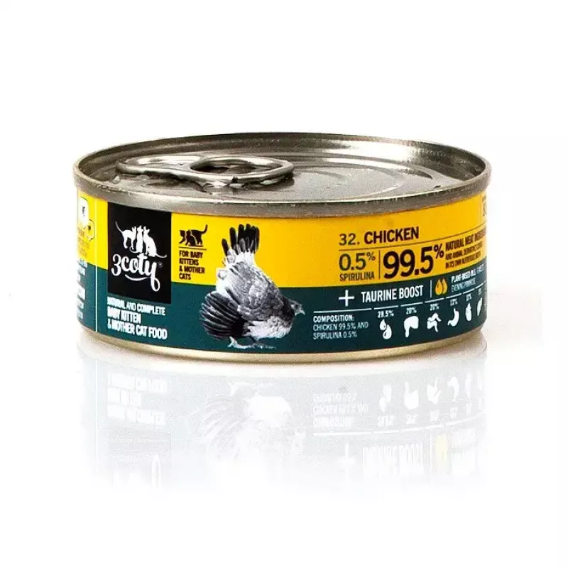 Nassfutter für Katzen 3coty Huhn mit Spirulina für Kätzchen und säugende Katzen 80 g, Alleinfuttermittel, 19 % Protein, 8 % Fett
