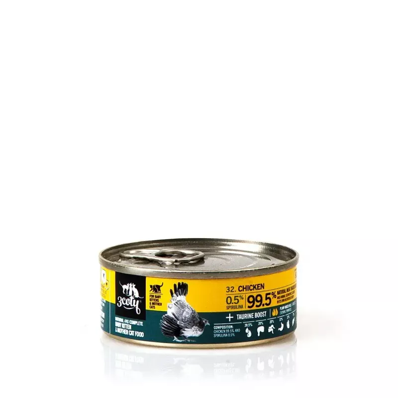 Nassfutter für Katzen 3coty Huhn mit Spirulina für Kätzchen und säugende Katzen 80 g, Alleinfuttermittel, 19 % Protein, 8 % Fett