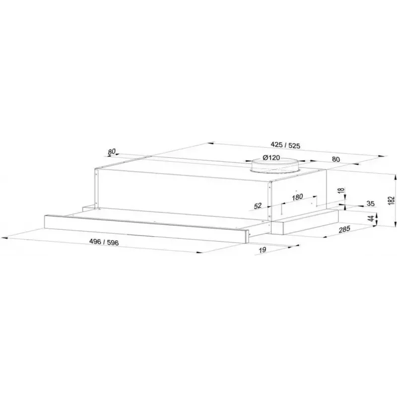 Einbau-Dunstabzugshaube MAAN Corona 2 G 50 Schwarz — teleskopisch, 496×304×182 mm, 310 m³/h, 3 Geschwindigkeiten, 120 mm Auslass