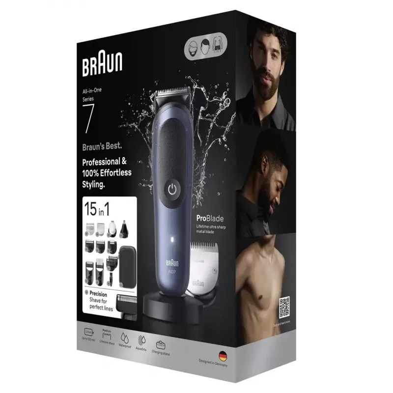 Elektrorasierer BRAUN All-in-One AIO7580 – kabellos wiederaufladbar, Nass- und Trockenrasur, 120 Min. Laufzeit, 21 Längeneinstellungen, Ganzkörper