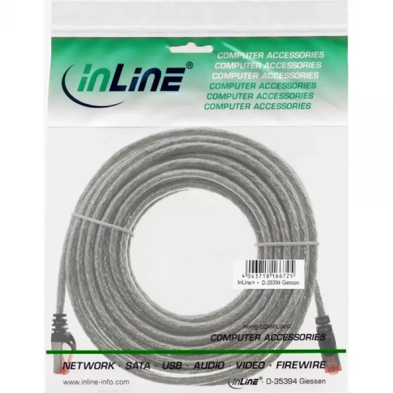 Ethernet Patchkabel InLine Cat6 S/FTP PiMF 250MHz PVC, RJ-45–RJ-45, Kupfer, transparent, 15 m