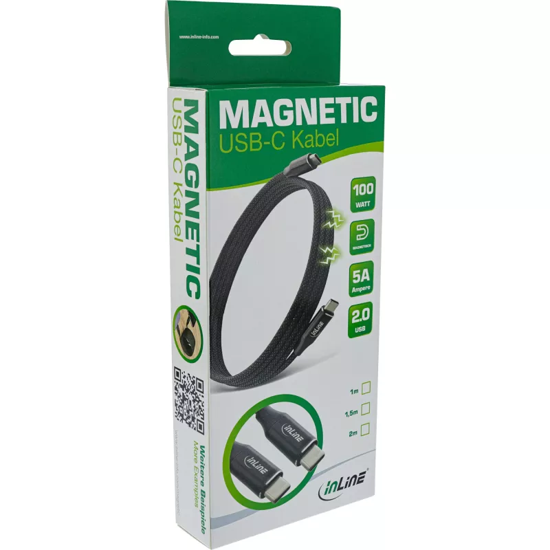 InLine Magnetisches USB-C-Kabel, USB-C Stecker/Stecker, 100 W, schwarz, 1 m