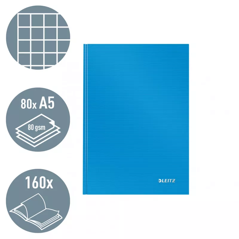 Leitz Notebook Solid Hardcover A5 kariert 90 g/m² 80 Blatt, Einfarbig, Blau, A5, 80 Blatt, Glänzend, 80 g/m²
