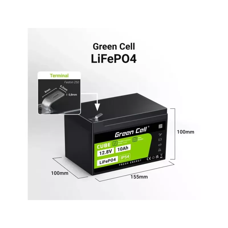 Wiederaufladbare Industriebatterie Grün Cell LFPGC12V10AH 12,8 V 10 Ah LiFePO4, 155 x 100 x 100 mm, 2 kg