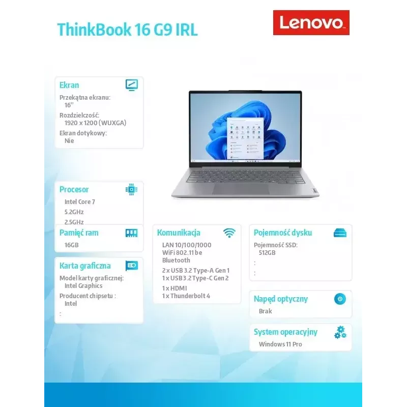 Laptop Lenovo ThinkBook 16 G9 21US007PPB, Intel 7 240H, 16,0 Zoll WUXGA, 16 GB RAM, 512 GB SSD, Windows 11 Pro, Luna Grau, 3 Jahre Garantie