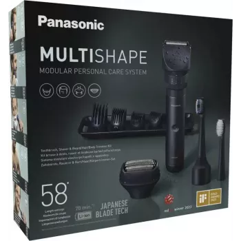 Reisetrimmer Panasonic X-Shape Travel — blau, Lithium-Ionen-Akku, integriert, Multi-Aufsätze (Bart, Körper, Haar, Folienrasierer, Zahnbürste), 1–30 mm, 196×49×43 mm