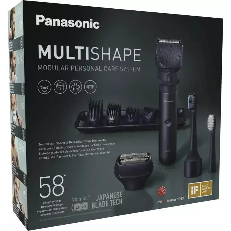 Reisetrimmer Panasonic X-Shape Travel — blau, Lithium-Ionen-Akku, integriert, Multi-Aufsätze (Bart, Körper, Haar, Folienrasierer, Zahnbürste), 1–30 mm, 196×49×43 mm