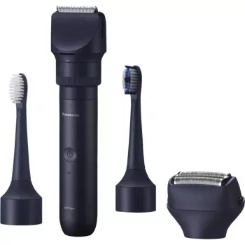 Reisetrimmer Panasonic X-Shape Travel — blau, Lithium-Ionen-Akku, integriert, Multi-Aufsätze (Bart, Körper, Haar, Folienrasierer, Zahnbürste), 1–30 mm, 196×49×43 mm