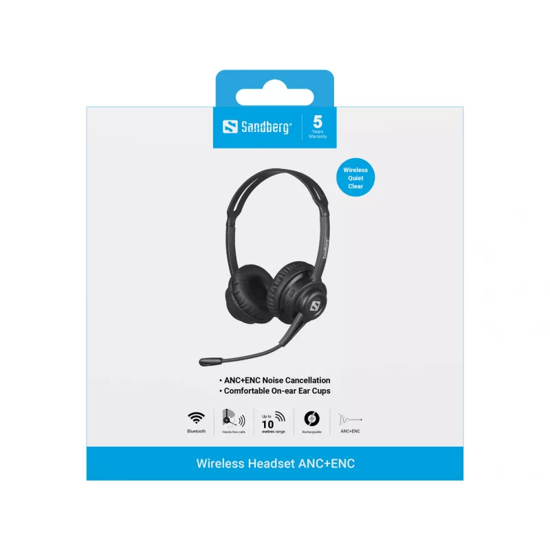 Sandberg kabelloses Headset ANC+ENC, Kabellos, Musik/Alltag, 20–20000 Hz, 230 g, Headset, Schwarz