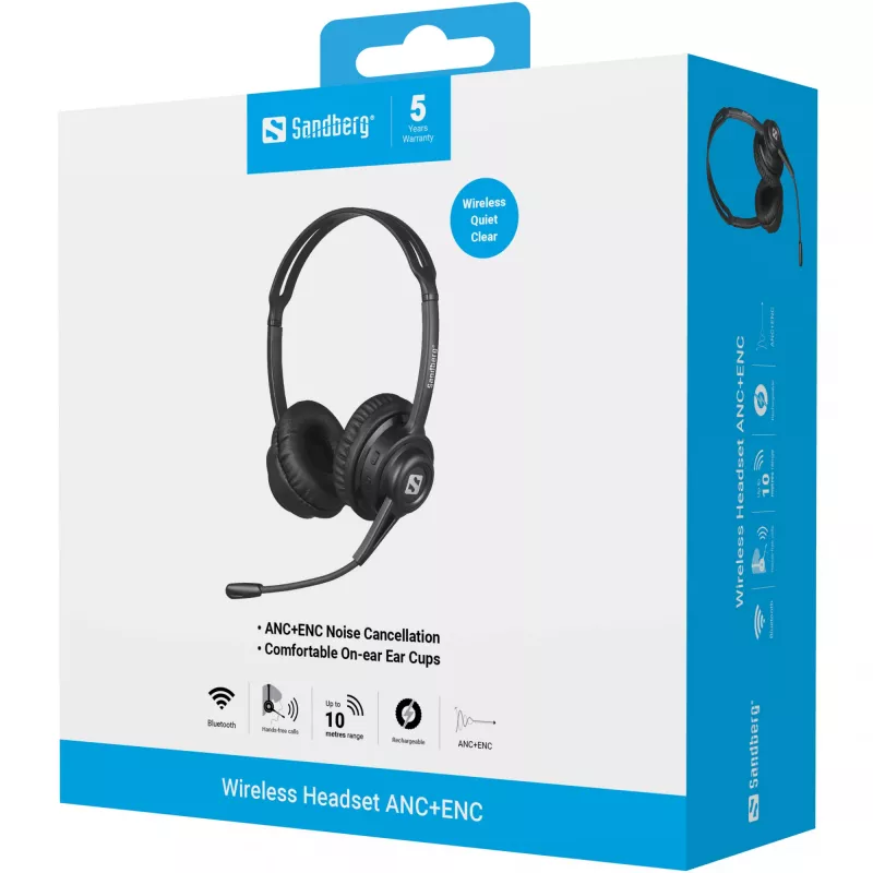 Sandberg kabelloses Headset ANC+ENC, Kabellos, Musik/Alltag, 20–20000 Hz, 230 g, Headset, Schwarz