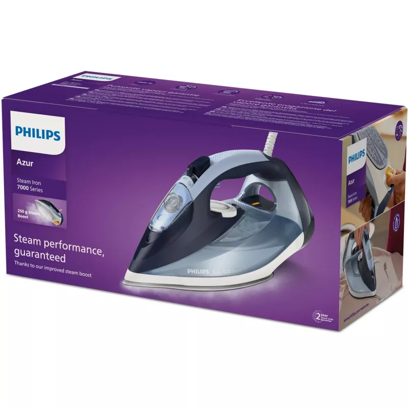 Dampfbügeleisen Philips DST7020/20 — 2800 W, SteamGlide Plus-Bügelsohle, 50 g/min Dauerdampf, 250 g/min Dampfstoß, 0,3 l Wassertank, blau