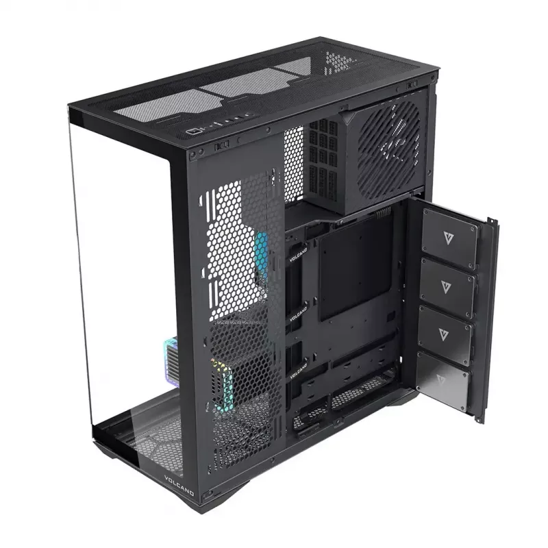 Full-Tower-PC-Gehäuse MODECOM Volcano SPACE XL NF — Schwarz, gehärtetes Glas, ARGB, unterstützt micro-ATX, bis zu 44 cm GPU, 3×3,5 Zoll/4×2,5 Zoll Schächte, USB-A 2×, USB-C 1×
