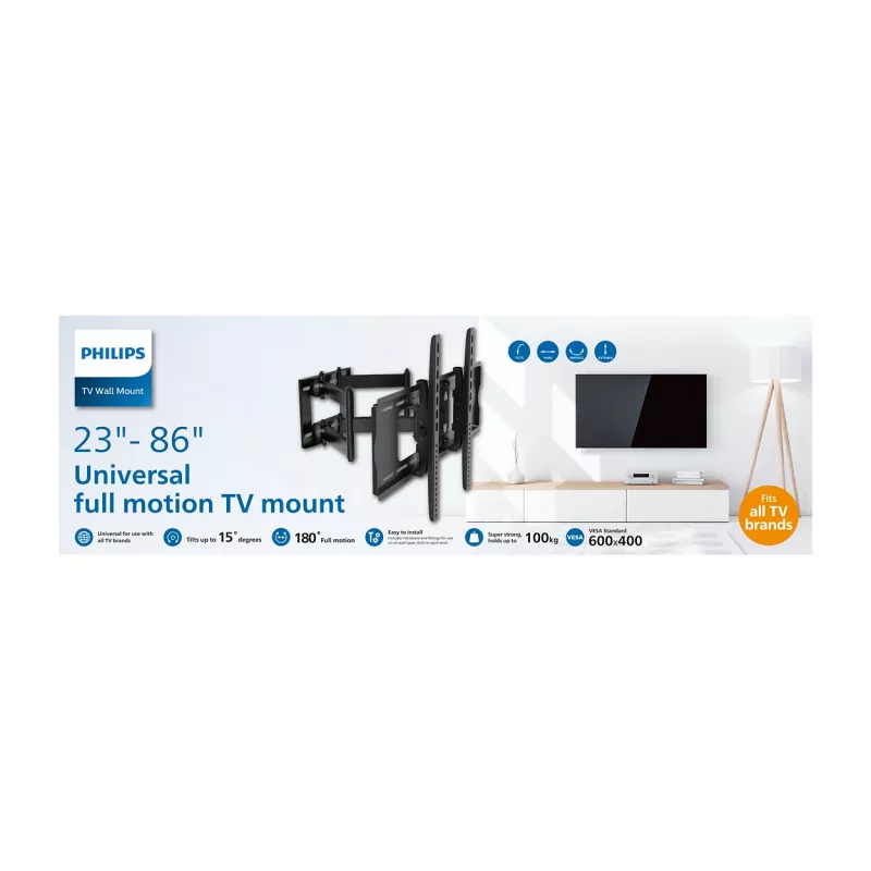 TV-Bodenständer Philips SQM9640/00 für 58,4 cm–2,18 m (23 Zoll–86 Zoll), bis 55 kg, VESA 200x100–600x400, neigbar ±15°, drehbar 180° — Schwarz