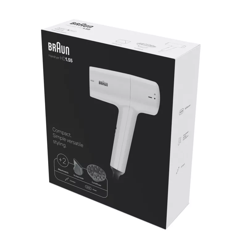 Haartrockner BRAUN HD1.55 — 1800 W, 2 Heizstufen, Cool shot, 1,8 m Kabel, Weiß