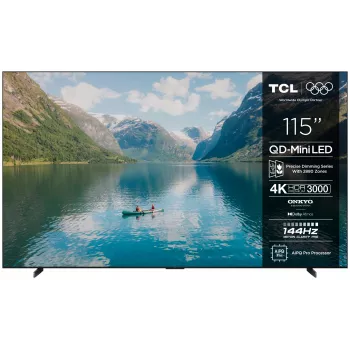 115 Zoll TCL 115C7K 4K Ultra HD QD‑Mini LED Smart TV, 3840×2160, 3000 cd/m², PPI 4600, Wi‑Fi, Ethernet, DVB