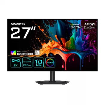 GIGABYTE MO27Q28G 27 Zoll OLED QHD Gaming-Monitor – 2560 x 1440, 280 Hz, 0,03 ms, 335 cd/m², DisplayHDR True Schwarz 500, HDMI 2.1, DisplayPort 1.4
