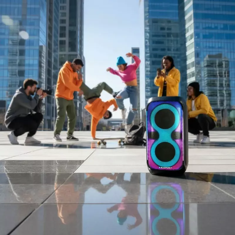 Lautsprechersystem BLAUPUNKT PB60X — 120W RMS, Bluetooth A2DP, FM, LED-Display, 7000mAh Batterie, 18h, AUX, Fernbedienung, 568×322×321 mm