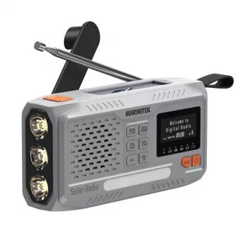 Tragbares Kurbelradio Marmitek RESQ 100 — DAB/DAB+/FM, 3 W, LCD, USB‑C, 3,5-mm-Klinke, hellgrau