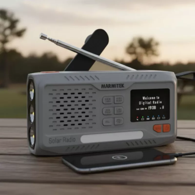 Tragbares Kurbelradio Marmitek RESQ 100 — DAB/DAB+/FM, 3 W, LCD, USB‑C, 3,5-mm-Klinke, hellgrau