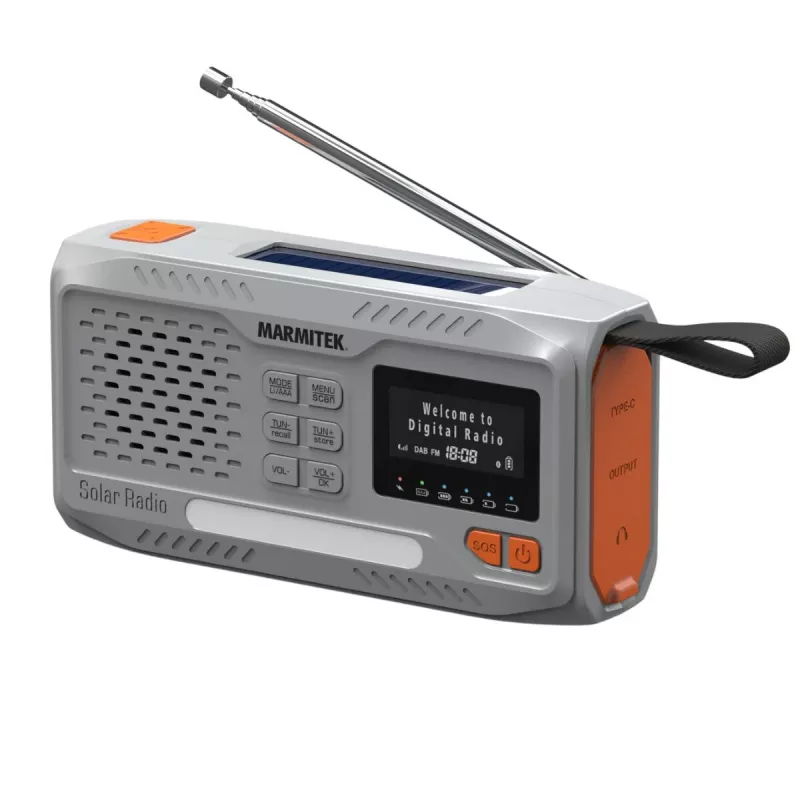 Tragbares Kurbelradio Marmitek RESQ 100 — DAB/DAB+/FM, 3 W, LCD, USB‑C, 3,5-mm-Klinke, hellgrau